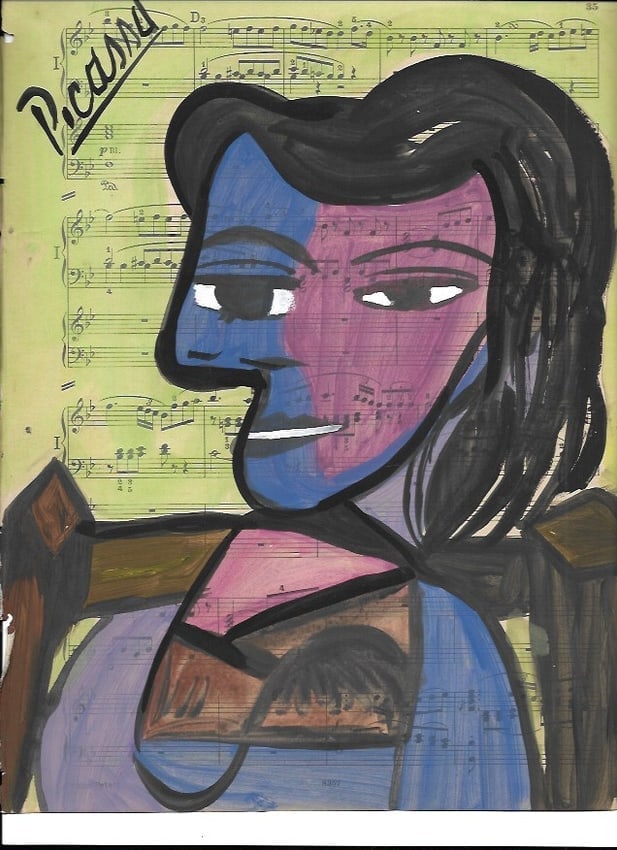 Mixed Media Pablo Picasso (After Artist) Drawing on Paper Music Notes: Mixed Media Pablo Picasso (After Artist) Drawing on Paper Music Notes. Approx Size: 12 x 8 1/2 inches. Provenance: Private NY Collection. It is being sold as in the manner Style of artist. Good Condit