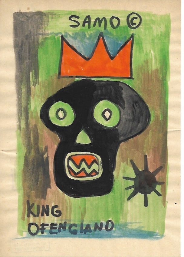 Jean Basquiat Mixed Media on Paper: Jean Basquiat Mixed Media on Paper. On verso, also stamp. Approx Size: 11 3/4 x 8 1/2 inches. All lots that do not carry established documented provenance nor any past record of auction history record