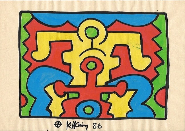 Keith Haring Drawing, Stamp on Verso: Keith Haring Drawing, Stamp on Verso, Pop Art on paper. Image Approximately Size:10 x 8 inches. This painting does not carry established document provenance, nor is any record of auction history descr