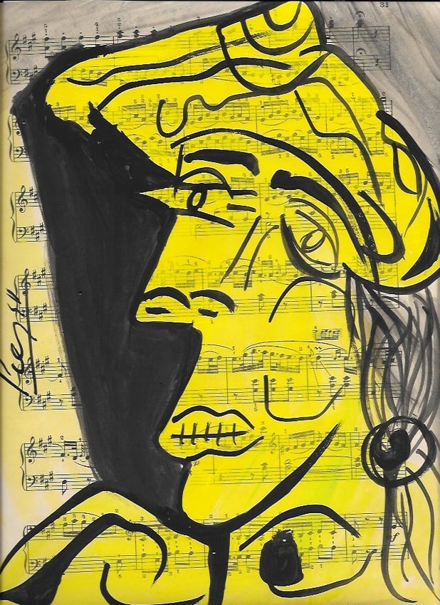 Mixed Media Pablo Picasso (After Artist) Drawing on Paper Music Notes: Mixed Media Pablo Picasso (After Artist) Drawing on Paper Music Notes. Approx Size: 12 x 8 1/2 inches. Provenance: Private NY Collection. It is being sold as in the manner Style of artist. Good Condit