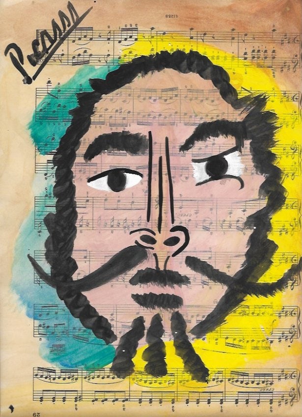 Mixed Media Pablo Picasso Drawing on Paper (after artist): Mixed Media Pablo Picasso (after artist) Drawing on Paper Music Notes. Approx Size: 12 x 8 1/2 inches. Provenance: Private NY Collection. It is being sold as is After definition: For paintings/unique 
