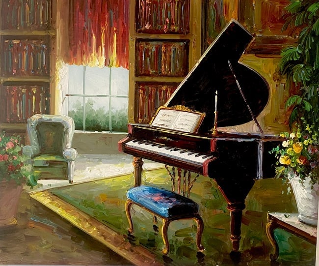 Vintage Piano Painting on Canvas by unkown Artist: Vintage Piano Painting on Canvas by unkown Artist.Not signed size: 24 x 20.SEE PHOTOS as part of the description.some paint missing on lower corners. It does not come with any paper work verifying of 