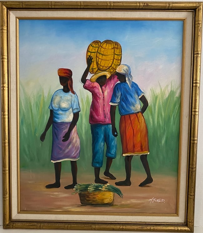 M. Field Painting on Canvas/ Gold painted wood frame: M. Field Painting on Canvas with Gold painted wood frame. NY Private collection has a plaque and number on verso and hand written note.Painting size: 24 x 20 . Frame size: 27 1/2 x 23 1/2.See photo fo