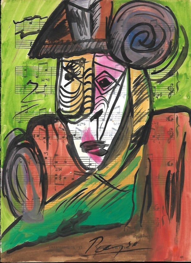 Mixed Media Pablo Picasso (After Artist) Drawing on Paper Music Notes: Mixed Media Pablo Picasso (After Artist) Drawing on Paper Music Notes. Approx Size: 12 x 8 1/2 inches. Provenance: Private NY Collection. It is being sold as in the manner Style of artist. Good Condit