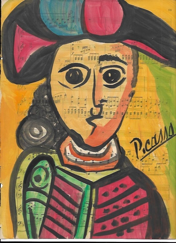 Mixed Media Pablo Picasso (After Artist) Drawing on Paper Music Notes: Mixed Media Pablo Picasso (After Artist) Drawing on Paper Music Notes. Approx Size: 12 x 8 1/2 inches. Provenance: Private NY Collection. It is being sold as in the manner Style of artist. Good Condit