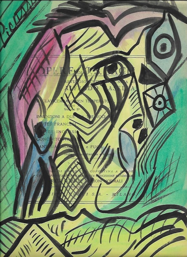 Mixed Media Pablo Picasso (After Artist) Drawing on Paper Music Notes: Mixed Media Pablo Picasso (After Artist) Drawing on Paper Music Notes. Approx Size: 12 x 8 1/2 inches. Provenance: Private NY Collection. It is being sold as in the manner Style of artist. Good Condit