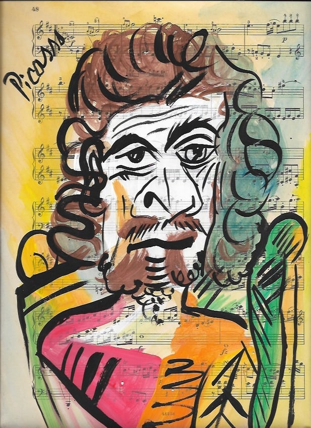 Mixed Media Pablo Picasso (After Artist) Drawing on Paper Music Notes: Mixed Media Pablo Picasso (After Artist) Drawing on Paper Music Notes. Approx Size: 12 x 8 1/2 inches. Provenance: Private NY Collection. It is being sold as in the manner Style of artist. Good Condit