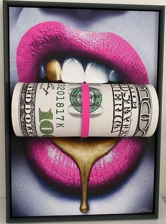 3D Sculpture of Pink Money Lips: 3D Sculpture of Pink Money Lips: Material resin and wood.3D money roll popping out of canvas clenched in mouth with sexy hot pink lips with a gold tooth and gold drip from lower lip, framed in black f