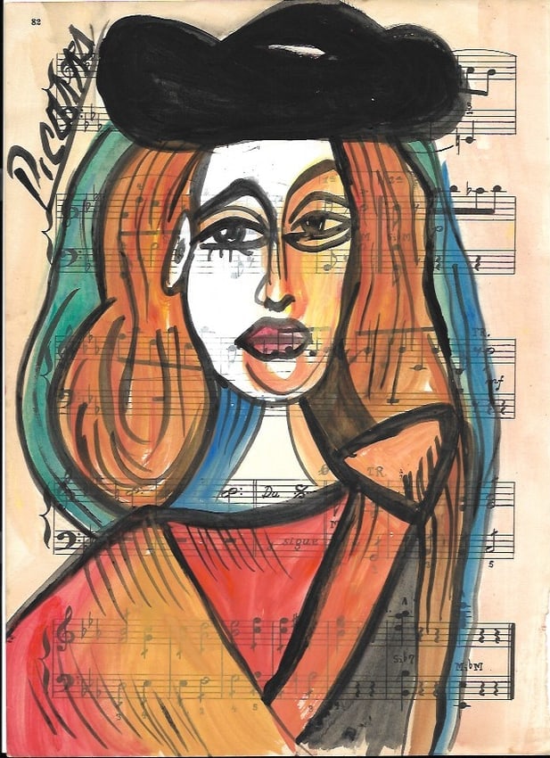 Mixed Media Pablo Picasso (After Artist) Drawing on Paper Music Notes: Mixed Media Pablo Picasso (After Artist) Drawing on Paper Music Notes. Approx Size: 12 x 8 1/2 inches. Provenance: Private NY Collection. It is being sold as in the manner Style of artist. Good Condit