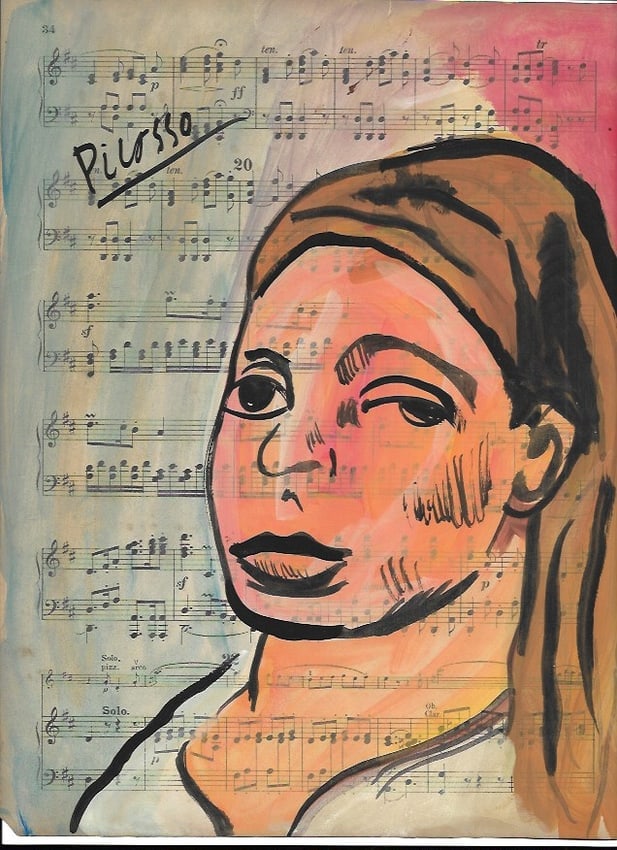 Mixed Media Pablo Picasso (After Artist) Drawing on Paper Music Notes: Mixed Media Pablo Picasso (After Artist) Drawing on Paper Music Notes. Approx Size: 12 x 8 1/2 inches. Provenance: Private NY Collection. It is being sold as in the manner Style of artist. Good Condit
