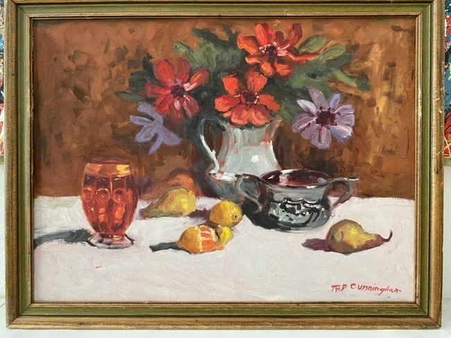 Original Painting on Canvas signed Cunninghan: Original Painting on Canvas signed Cunninghan Antique Frame . Hand paint Ready to hang.NY Private Collection. Approximate Artwork Size: 24 x 16 Inches. - Approximate Frame Size: 27 x 20 Inches. Condit