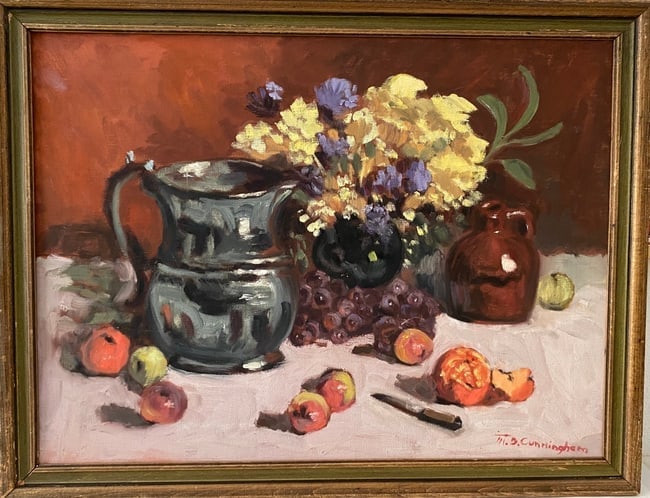 Original Painting on Canvas signed Cunninghan: Original Painting on Canvas signed Cunninghan Antique Frame . Hand paint Ready to hang.NY Private Collection. Approximate Artwork Size: 24 x 16 Inches. - Approximate Frame Size: 27 x 20 Inches. Condit