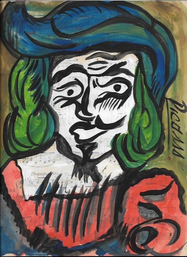 Mixed Media Pablo Picasso Drawing on Paper (After Artist): Mixed Media Pablo Picasso Drawing on Paper Music Notes. Approx Size: 12 x 8 1/2 inches. Provenance: Private NY Collection.(After Artist). Good Condition See Photos.After definition: For paintings/uniq