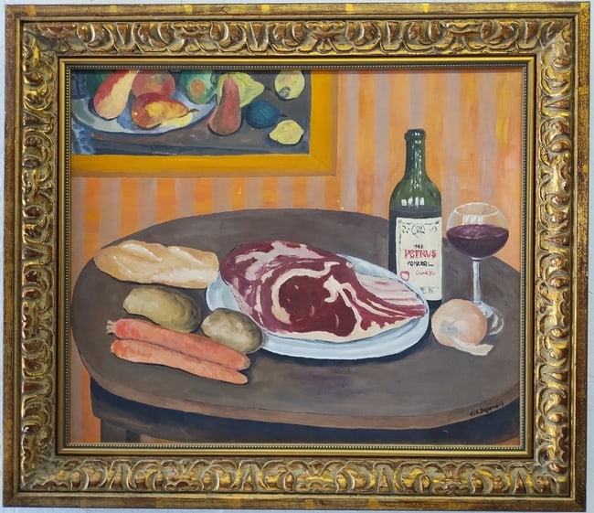 Vintage Oil Painting Still Life: Vintage Oil Painting on Canvas Still Life Vegetable ,fruits ,meat and wine served. Wood Framed .Approx Painting Size: 21 x 25 1/2 Inches.Approx Frame Size: 25 1/2 x 29 1/2 x 3 Inches. Good condition. 