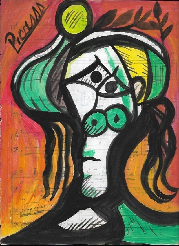 Mixed Media Pablo Picasso Drawing on Paper (After Artist): Mixed Media Pablo Picasso Drawing on Paper Music Notes. Approx Size: 12 x 8 1/2 inches. Provenance: Private NY Collection. (After Artist). Good Condition See Photos.After definition: For paintings/uni