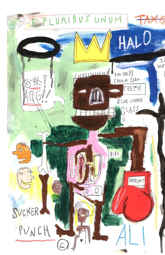 Jean Basquiat Expressionism Print on Thick Paper.: Jean Basquiat Expressionism Print on Thick Paper. Paper Size: 12 1/2 x 17 1/2 Inches. Extra Thick 300 gsm Fine art Paper. Embossed Stamp. Excellent Condition. See photos.