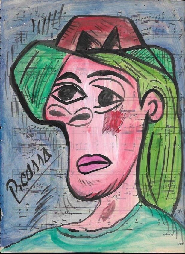 Mixed Media Pablo Picasso Drawing on Paper (After Artist): Mixed Media Pablo Picasso Drawing on Paper Music Notes. Approx Size: 12 x 8 1/2 inches. Provenance: Private NY Collection. (After Artist). Good Condition See Photos.After definition: For paintings/uni
