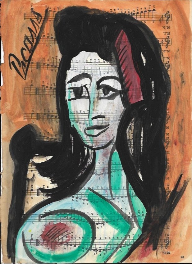 Mixed Media Pablo Picasso Drawing on Paper (After Artist): Mixed Media Pablo Picasso Drawing on Paper (After). Approx Size: 12 x 8 1/2 inches. Provenance: Private NY Collection. It is being sold as in the manner Style of artist. Good Condition See Photos.Afte