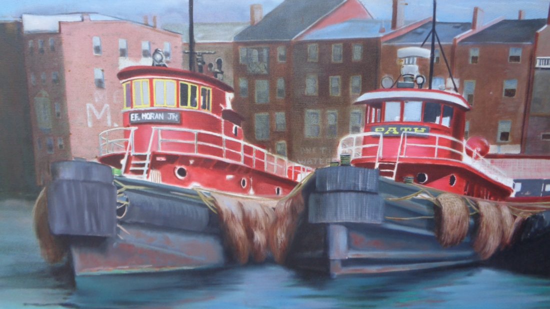 Original Tugboat and Dock NY, E.F. MORAN JR. (1940): Large Original Nautical Oil Painting Tugboat and Dock NY, E.F. MORAN JR. (1940) Tugboat Original Large Oil Painting, SizePainting Size: 60" x 1" 1/2 x 36" H, Painting is stretched and stapled to a sol