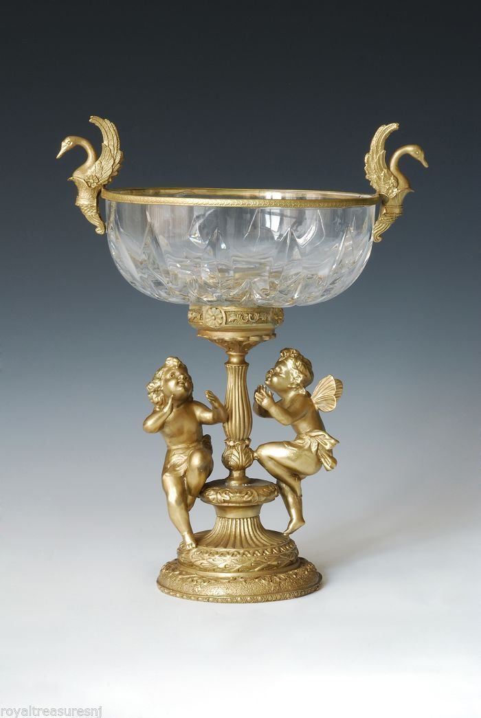 Bronze Cherubs Crystal Bowl: This Beautiful Glass and Ormolu-Mounted Vase is Mounted in decorative and finely cast Bronze Garniture. This Piece is in Excellent Condition:Dimensions and weight are Approx: Wide:11\" Deep:8\"1/4 Hei