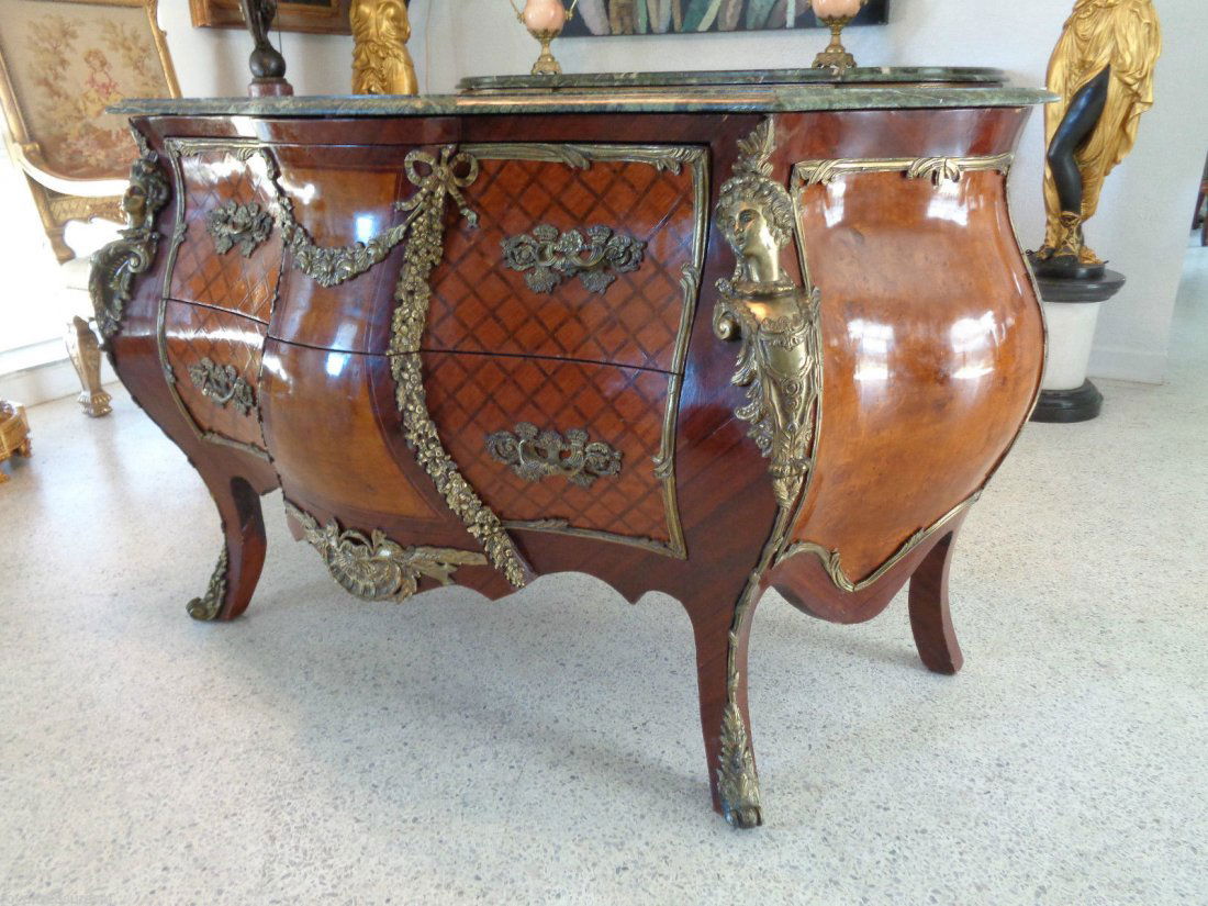 French Style Bombe 2 Drawer Bronze Mount Green Marble T (1 of 2)