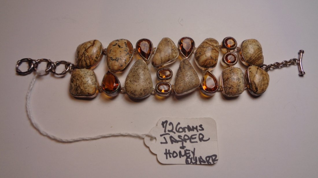 Sterling Silver Mark 925 Jasper & Honey Quarr Bracelet: Sterling Silver Mark 925 Jasper & Honey Quarr Bracelet 7\"3/4. This piece is in excellent condition.