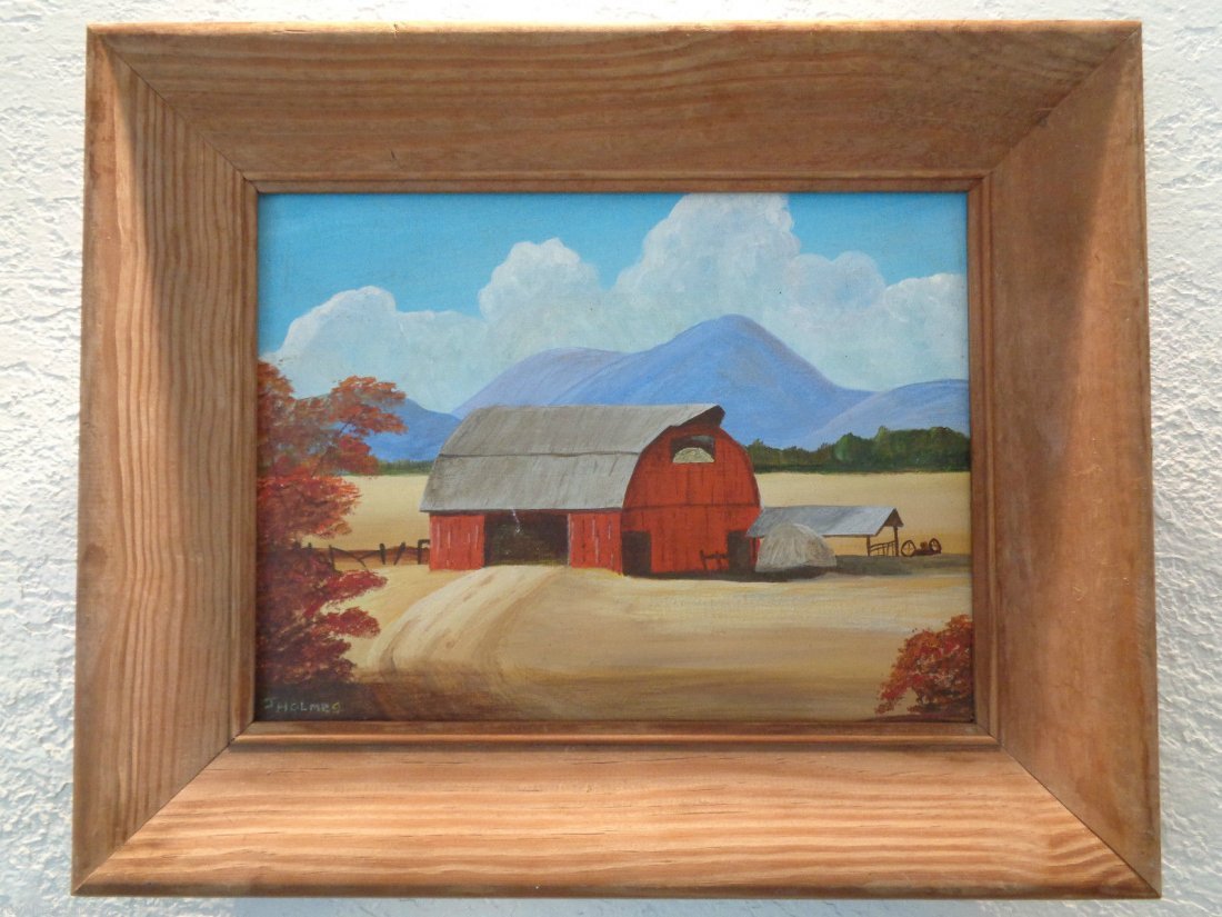 Signed J Holmes "The Barn" Vintage Original Oil: J. holmes Signed " The Barn" Vintage Original Oil painting on Canvas Board Wood Frame Beautiful Original Painting on Grumbacher Art School Canvas Board NY. Measurements:. Painting:12" x 9"H. Frame:16"
