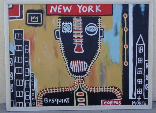 Large Contemporary Art - Basquiat New York - Painting: Large Contemporary Art - Basquiat New York - Painting Style- Pop Art - 49" x 35" - 1"1/2 . Weight Approx. 6.5 Lbs. signed on back, Contemporary Art, Acrylic on Board, On Period White Wood Frame.Ready 