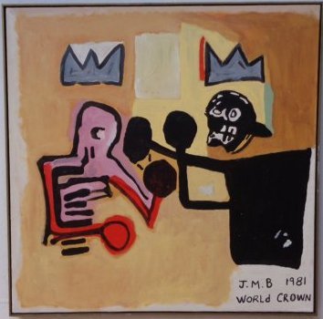 Contemporary Art -Basquiat "World Crown"Painting: Contemporary Art - Basquiat "World Crown"- Painting- Style- Pop Art. 41" x 41" - \"12 . Weight Approx. 5 Lbs. signed on back, Contemporary Art, Acrylic on Canvas, .Ready to hang, Wood period frame . v