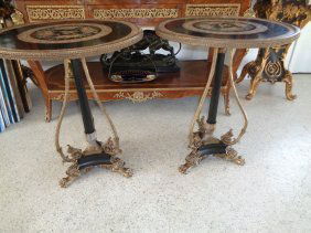 Pair Hand Painted Porcelain & Bronze Side Table: Pair of Porcelain and Bronze French Louis XV Style Side Table 29" H This is a beautiful table with porcelain decorated top.The porcelain top has hand painting bird and floral motif.Wide:24".Height:29"