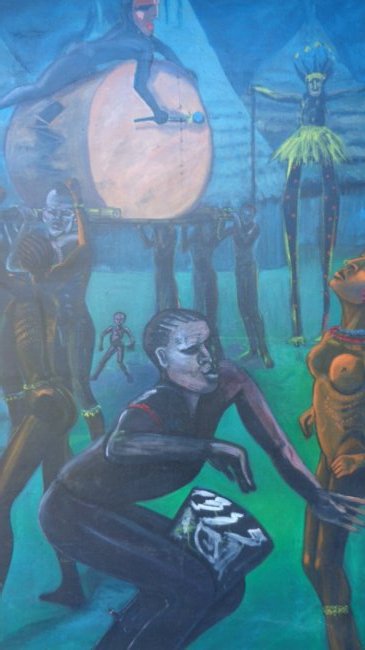 Signed N York Artist Primitive Tribal Painting: Original Rare Large Painting 71 x 47 inches Signed, Oil on Canvas, Measurements:71 x 47 inches, Painting on canvas stretched and stapled to a wooden frame