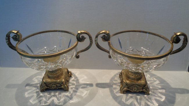 Pair Crystal Faceted Bronze Scroll & Leaf Handle Bowl (1 of 4)