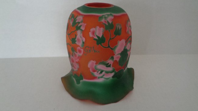 Beautiful Galle Cameo Art Nouveau Glass Lamp Shade: Beautiful Galle Cameo Art Nouveau Glass Lamp Shade. Amber, Brown, Green Foliage and Pink-Red Flowers. No cracks. Small imperfections indicative to its age. Please see all photos.Height 6"1/2, Top Lip 