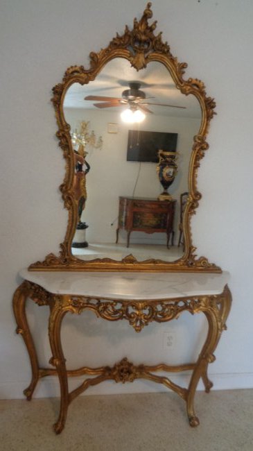Marble Top Gold Gilded Console Table and Mirror (1 of 4)