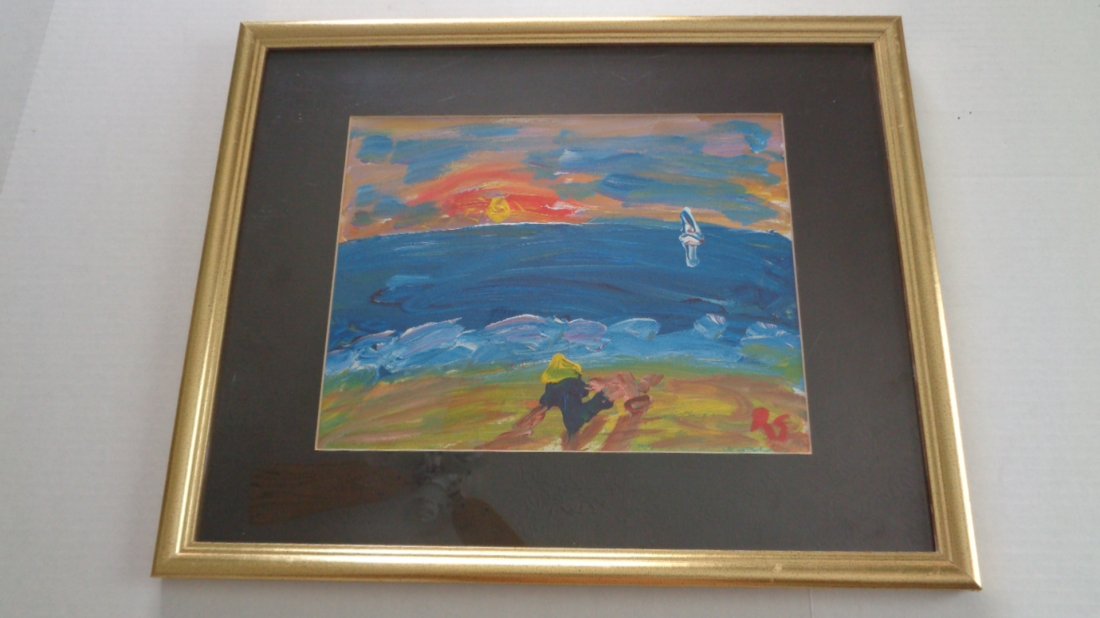 Robert Sundholm(1941 Ame)N York Impressionism Plain Air: Robert Sundholm(1941 Ame)N York Impressionism Plain Air, "On The Beach" Acrylic on 140 lbs Paper, Window Opening:13"1/2 x 10"1/2 - Frame size" 21" 1/2 x 17" 1/4 Gold wood frame. Weight: Approx 2 lbs.