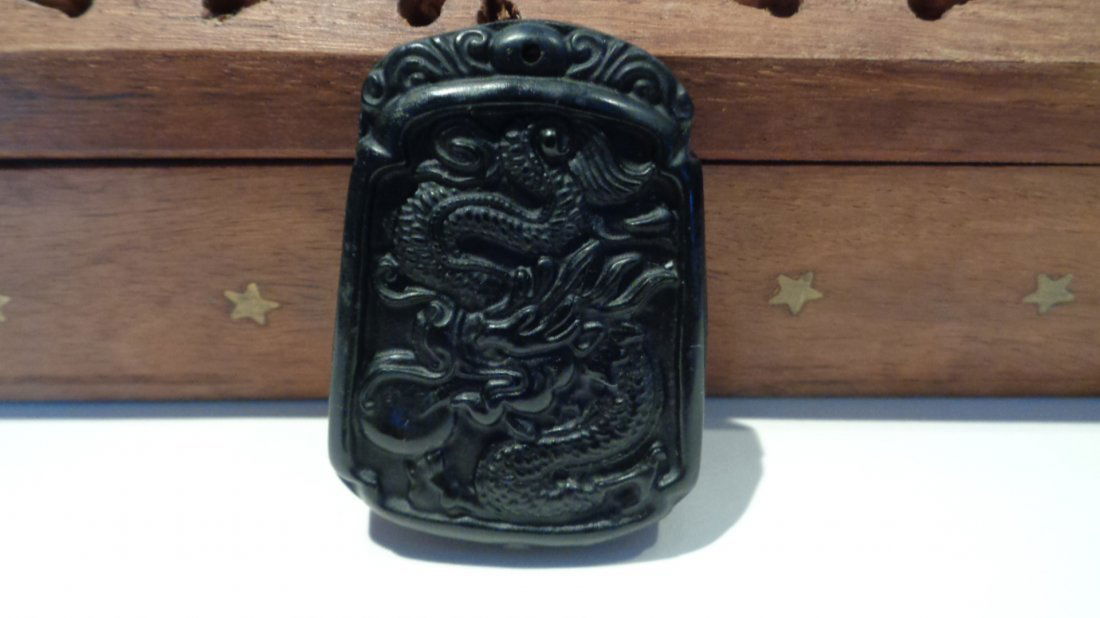 Black Green Jade Bi Auspicious Dragon Ball Statue Amule (1 of 1)