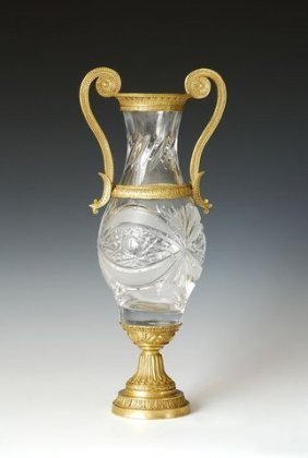 Bronze and Crystal Faceted Vase with Scroll Handle: Bronze and Crystal Faceted Vase with Scroll Handle -23. This Beautiful Glass and Ormolu-Mounted Vase is Mounted in decorative and finely cast Bronze Garniture. This Piece is in Excellent Condition:Dim