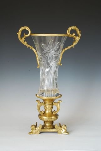 Bronze and Floral Pattern Faceted Crystal Vase (1 of 1)