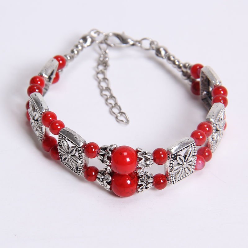 Tibet silver bead bracelet: Tibet silver bead bracelet Size: length 17+5cm(Extension of the chain)/wide 1.6cm-Material: Turquoise/alloy.- Excellant condition.