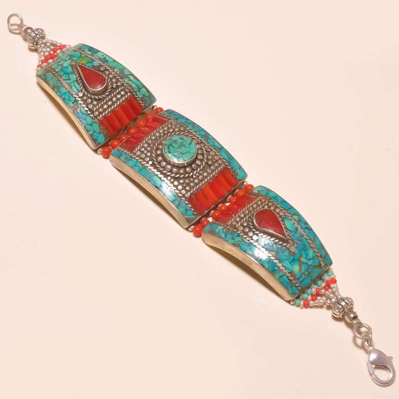 TURQUOISE WITH RED CORAL VERY SPARKLING .925 SILVER (1 of 1)