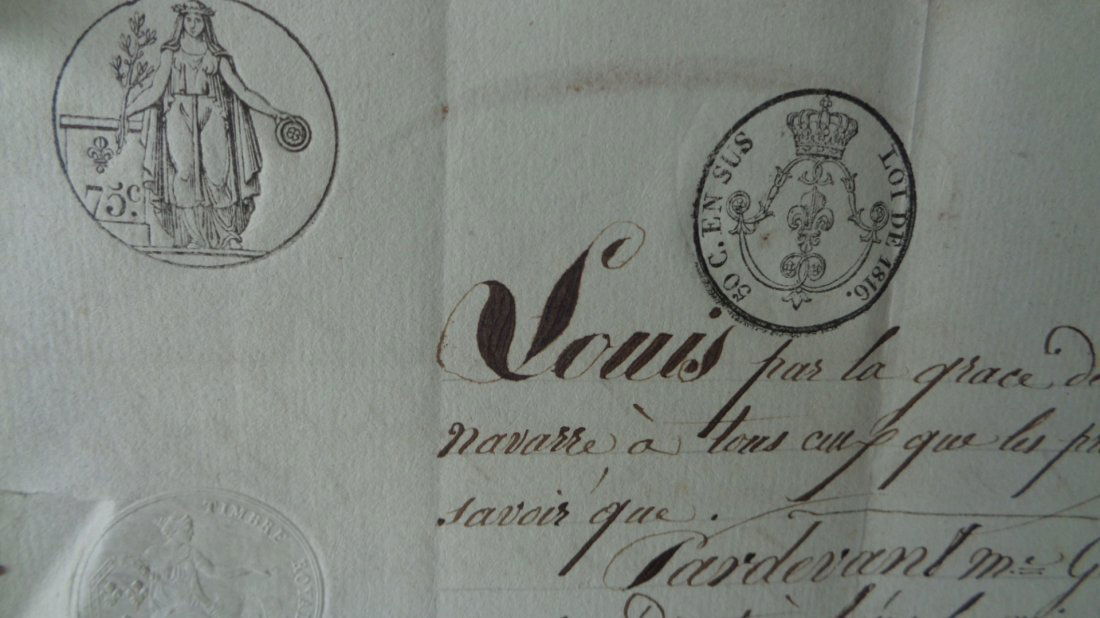 1824 Acte LOUIS Roi de France Mariage GAMBET cultivateu: 1824 Acte LOUIS Roi de France Mariage GAMBET cultivateur & ROUGIER CHATILLON D_AZERGUES Manuscrit Velin Cachet Loi 1816