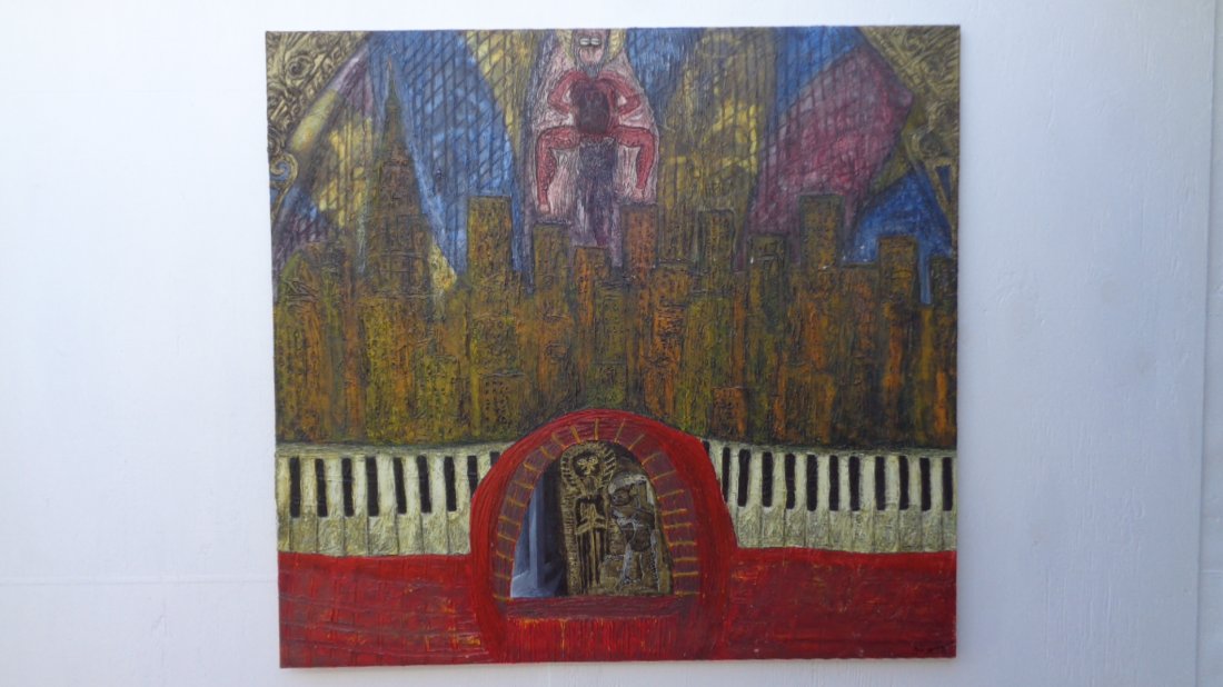 Large Painting Cuban Artist Michel Blazquez - El Organo: Large Painting Cuban Artist Michel Blazquez - El Organo - Oct 96-97- Cuban Art -mixed Media, Painting Size: 49'x 45"1/2, Painting is stretched and stapled to a solid wooden frame. Signed front and bac