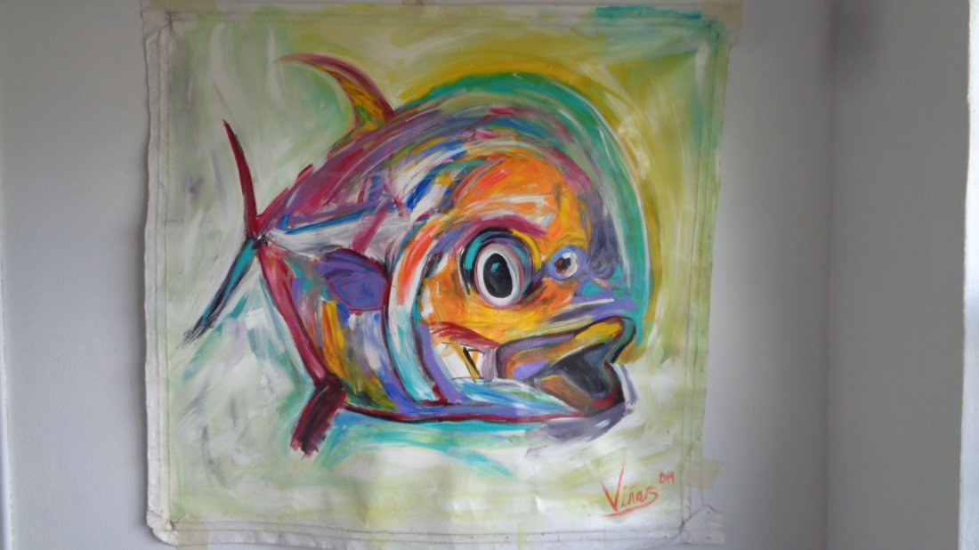 Original Oil Painting on Canvas-unstretcher-Fish.: Original Oil Painting on Canvas-unstretcher-Fish-signed-Canvas has small holes were staples were remove-Measurement: 46"x48".