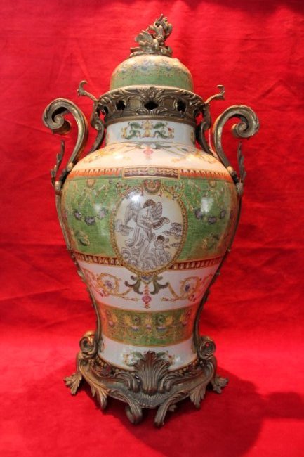 Large Hand Painted Green Porcelain & Bronze Urn (1 of 3)