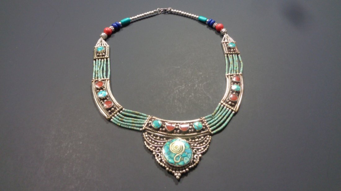 Tibetan 925 Silver - Turquoise, Coral & Lapis Necklace (1 of 1)