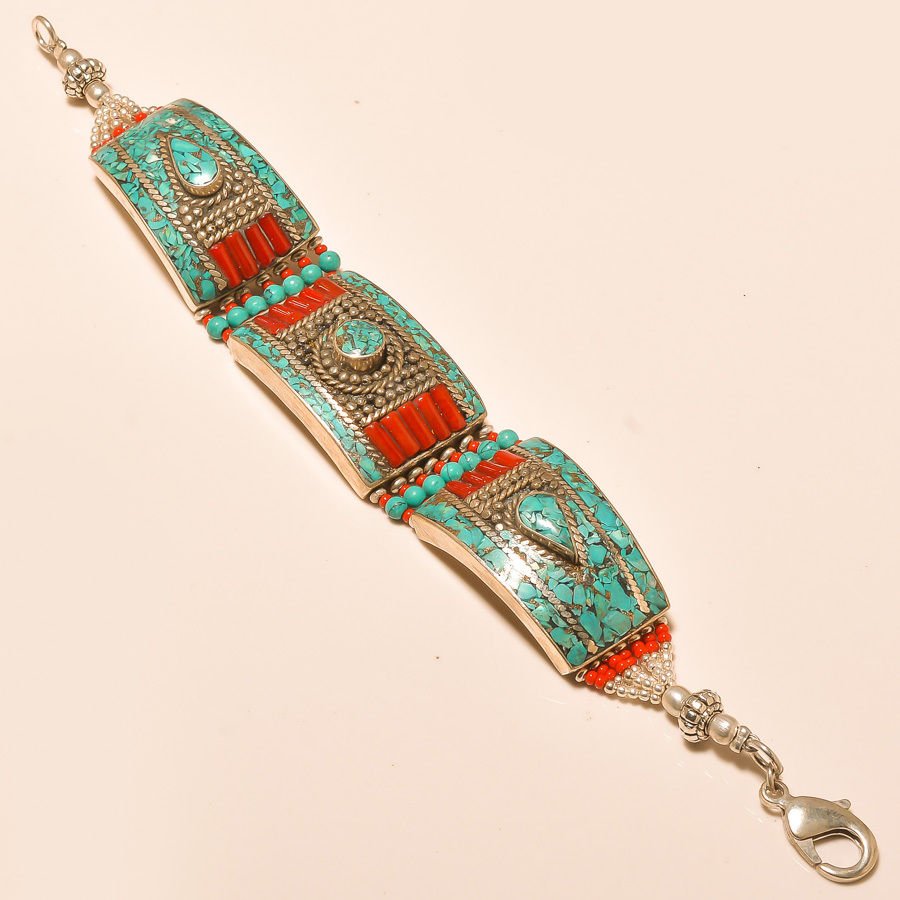 TURQUOISE WITH RED CORAL .925 SILVER BRACELET (1 of 1)