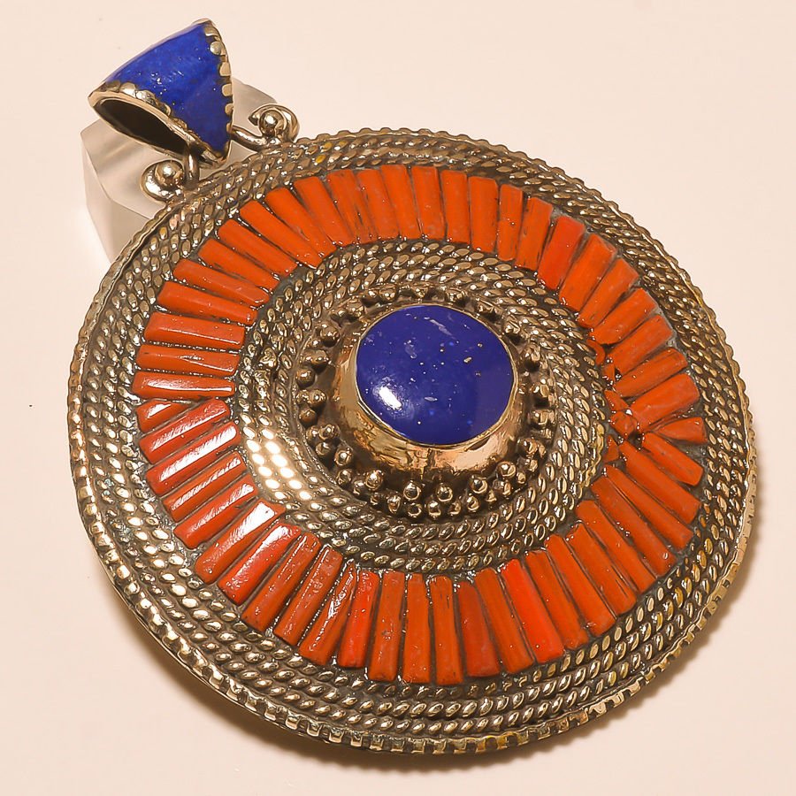 LAPIS LAZULI & RED CORAL .925 SILVER PENDANT (1 of 1)