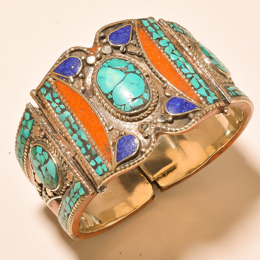 925 Silver - Turquoise, Coral & Lapis Bracelet (1 of 1)