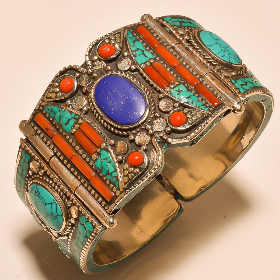 925 Silver - Turquoise, Coral & Lapis Cuff (1 of 1)