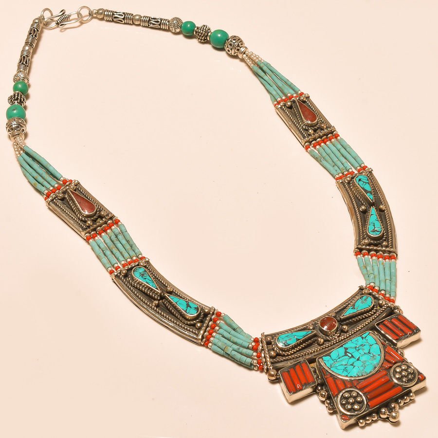 925 Silver - Turquoise, Coral & Lapis Necklace (1 of 1)
